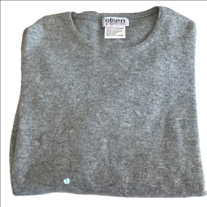 Olsen Grey Wool Blend Round Neck Women's Sz 14 Long Sweater Embroidery EUC
